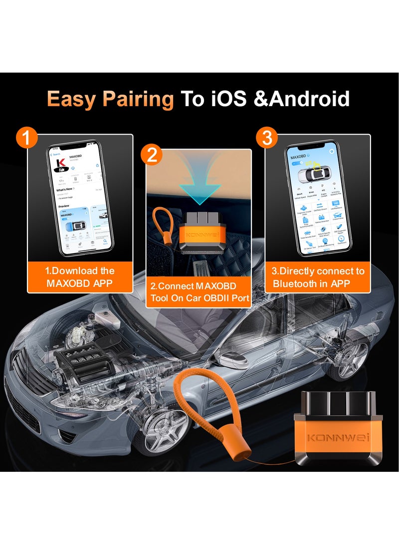 OBD2 Scanner Bluetooth 5.2, Wireless Auto Fixd Car Diagnostic Tool，Works with iOS/Android，Car Check Engine Car Code Reader, Clear Error Code ，Performance Test ，Applicable to 99% of Cars