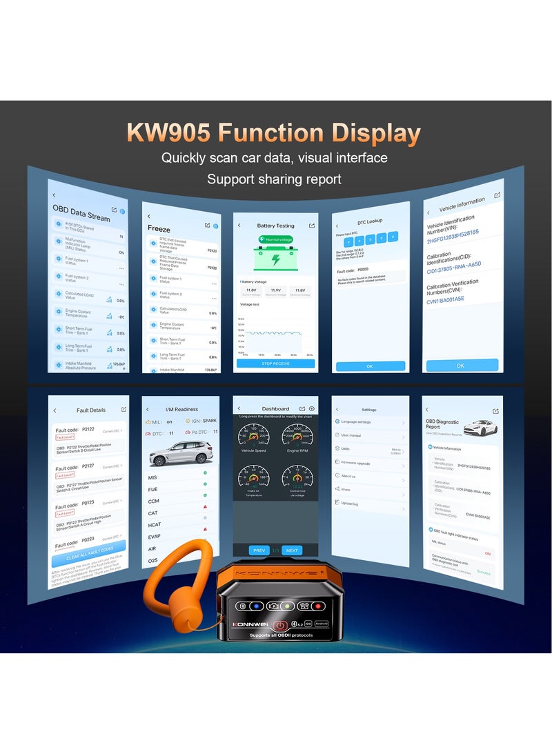 OBD2 Scanner Bluetooth 5.2, Wireless Auto Fixd Car Diagnostic Tool，Works with iOS/Android，Car Check Engine Car Code Reader, Clear Error Code ，Performance Test ，Applicable to 99% of Cars