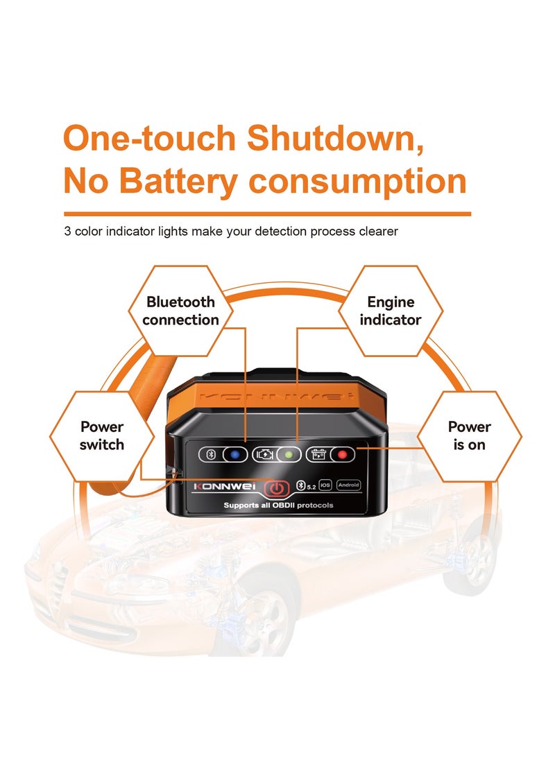 OBD2 Scanner Bluetooth 5.2, Wireless Auto Fixd Car Diagnostic Tool，Works with iOS/Android，Car Check Engine Car Code Reader, Clear Error Code ，Performance Test ，Applicable to 99% of Cars