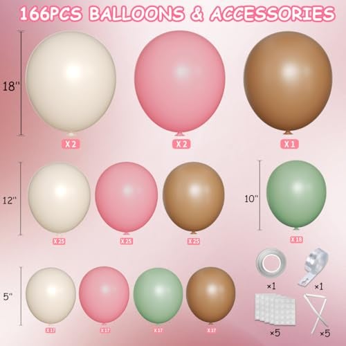 MEBAY Pink Green Brown White Balloon Garland Arch Kit 166Pcs Blush Pink Pastel Green White Sand Tan Brown Boho Balloons for Baby Shower Birthday Wedding Safari Jungle Woodland Party Decorations - Image 5