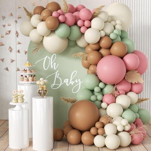 MEBAY Pink Green Brown White Balloon Garland Arch Kit 166Pcs Blush Pink Pastel Green White Sand Tan Brown Boho Balloons for Baby Shower Birthday Wedding Safari Jungle Woodland Party Decorations - Image 1