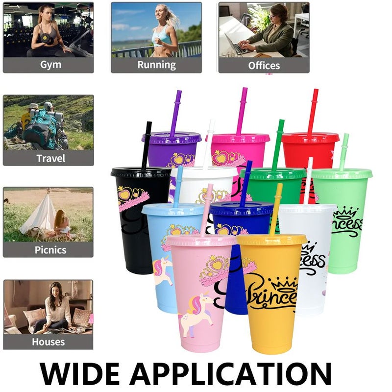 10 Pcs 14 Light Green 780ml Reusable Plastic Sports Water Bottle with Lid and Straw Crown Unicorn Princess Pattern Outdoor Summer Cold Drink Cup for Camping Picnic School Travel - Image 2