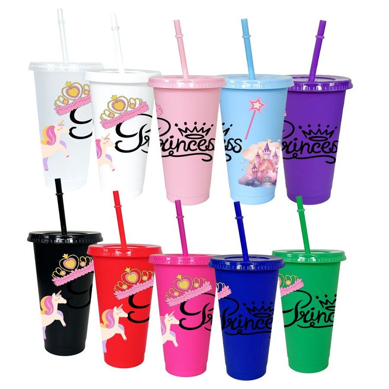 10 Pcs 14 Light Green 780ml Reusable Plastic Sports Water Bottle with Lid and Straw Crown Unicorn Princess Pattern Outdoor Summer Cold Drink Cup for Camping Picnic School Travel - Image 1