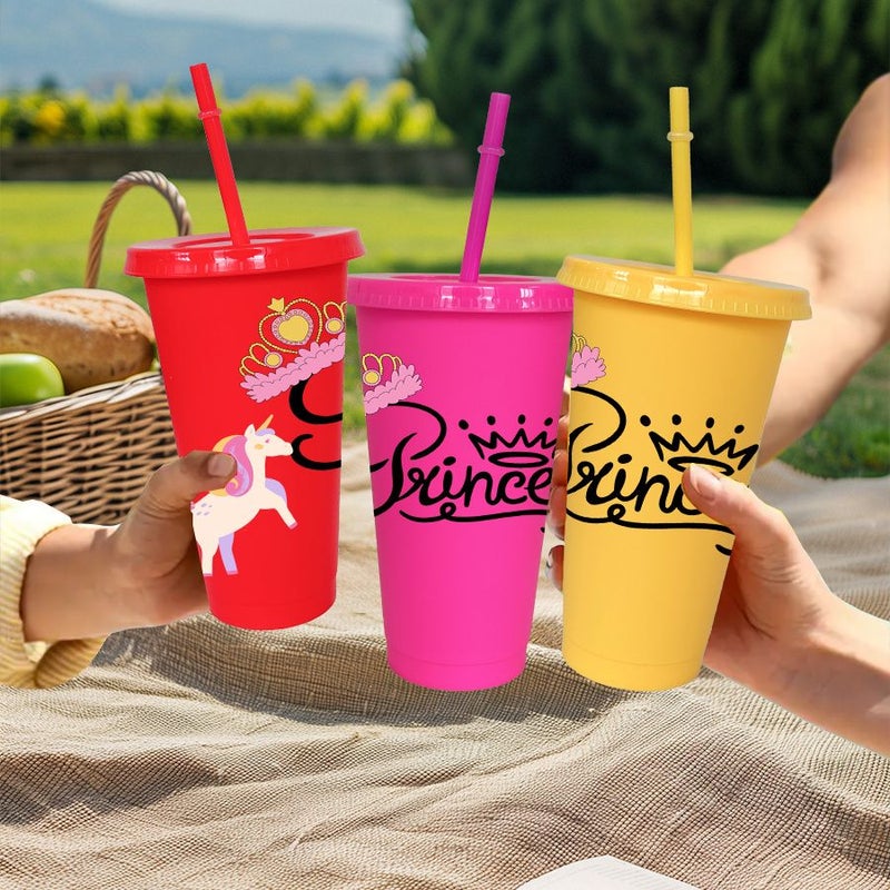 10 Pcs 14 Light Green 780ml Reusable Plastic Sports Water Bottle with Lid and Straw Crown Unicorn Princess Pattern Outdoor Summer Cold Drink Cup for Camping Picnic School Travel - Image 4