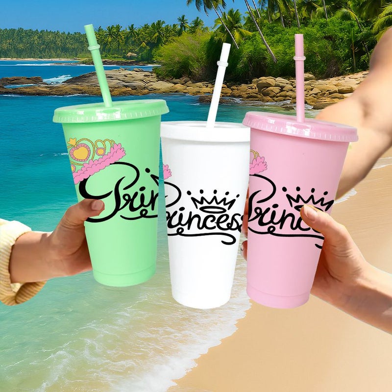 10 Pcs 14 Light Green 780ml Reusable Plastic Sports Water Bottle with Lid and Straw Crown Unicorn Princess Pattern Outdoor Summer Cold Drink Cup for Camping Picnic School Travel - Image 5
