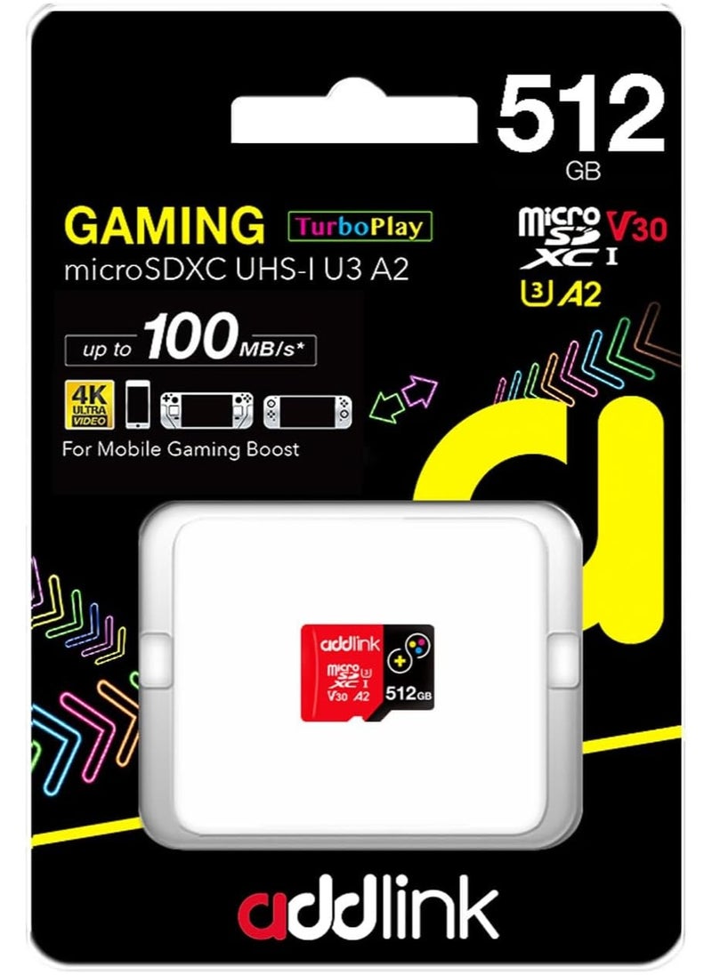 addlink 512GB TurboPlay Gaming MicroSDXC Memory Card, UHS-I, C10, U3, V30, A2, 4K Video, Up to 100/80 MB/s, Storage Expansion for Nintendo-Switch, Steam Deck, ROG Ally, Gaming Devices  - Image 1