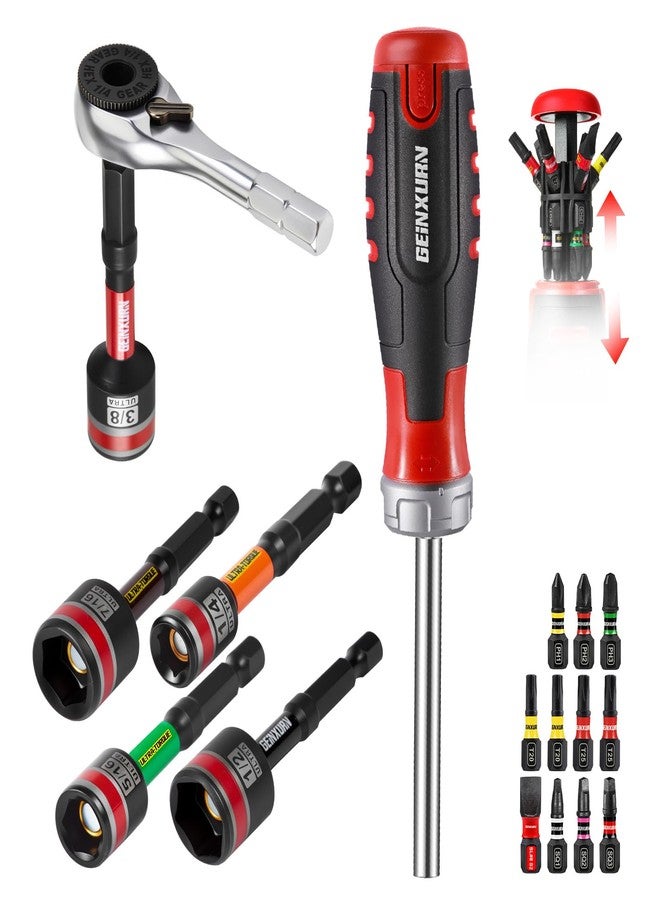 Geinxurn 19 Pieces Ratcheting Screwdriver Set, Mini Rachet Wrench, Rachet Screwdriver Handle and Nut Driver with 12 Pcs Impact Screwdriver Bits, Portable Hand Tools Set for Repair, DIY - Image 1