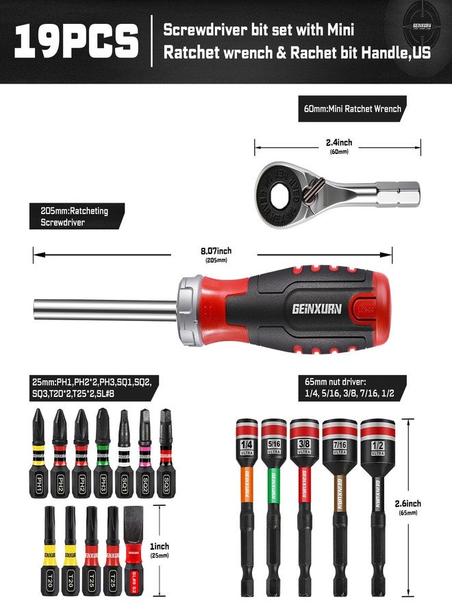 Geinxurn 19 Pieces Ratcheting Screwdriver Set, Mini Rachet Wrench, Rachet Screwdriver Handle and Nut Driver with 12 Pcs Impact Screwdriver Bits, Portable Hand Tools Set for Repair, DIY - Image 2