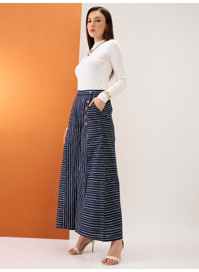 globus Women Indigo Variegated Stripes Button Detail Mid-Rise Flared Fusion Palazzos - Image 1