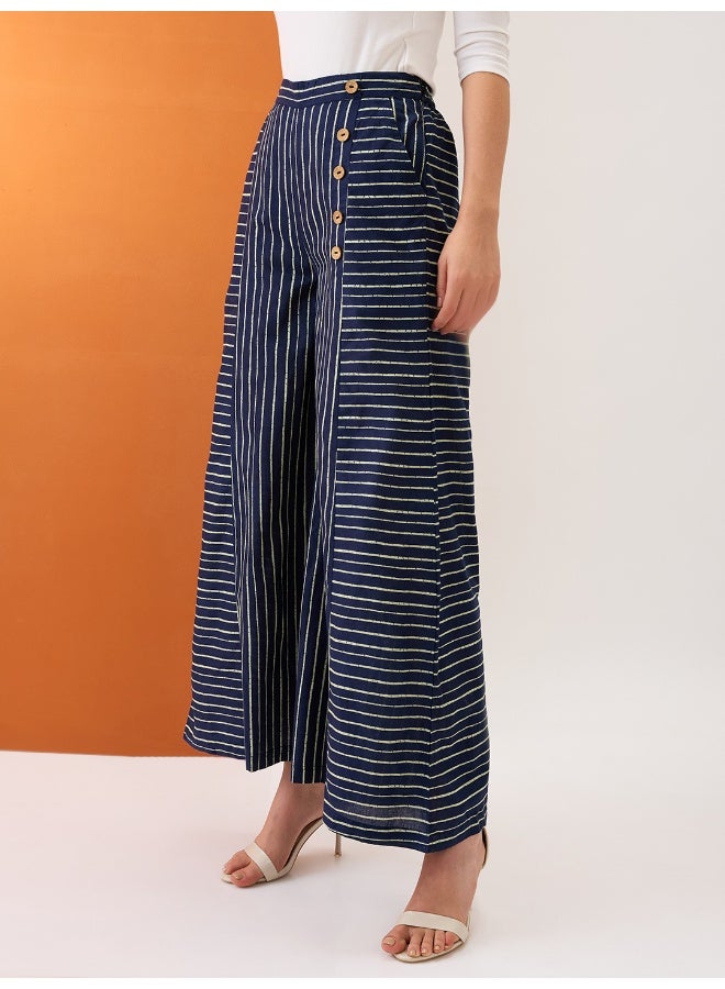globus Women Indigo Variegated Stripes Button Detail Mid-Rise Flared Fusion Palazzos - Image 3
