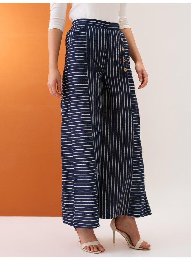 globus Women Indigo Variegated Stripes Button Detail Mid-Rise Flared Fusion Palazzos - Image 4