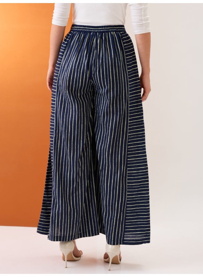 globus Women Indigo Variegated Stripes Button Detail Mid-Rise Flared Fusion Palazzos - Image 5
