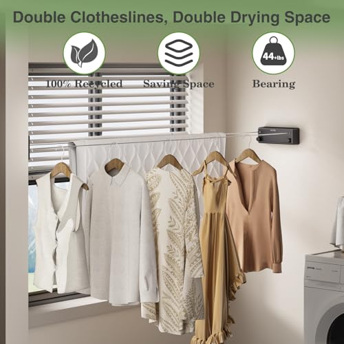 Danpoo Retractable Clothesline Outdoor Heavy Duty, 2x13.8ft Stainless Steel Double Clothes Line Retracting Outdoors - for Patio/Backyard/RV Wall Mounting(Black) - Image 2