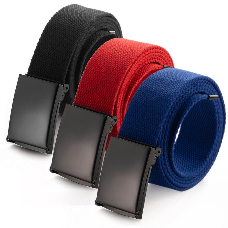 Mile High Life Cut To Fit Canvas Web Belt Size Up to 52" with Flip-Top Solid Black Military Buckle (3 Pack Black/Red/Blue) - Image 1