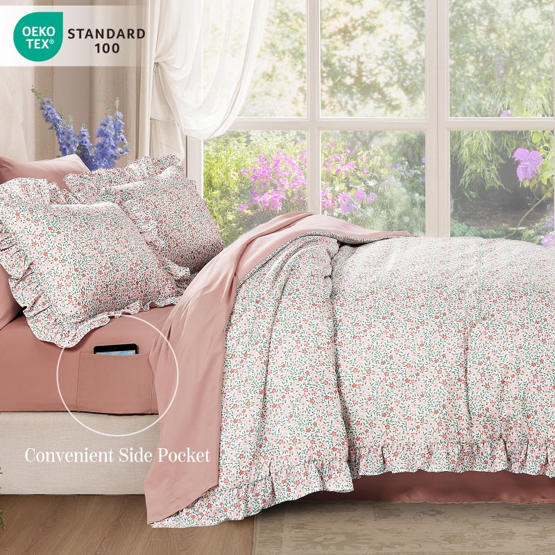 BLOOMHAVEN King Comforter Set - 7 Pieces Ruffle Pink Ditzy Bedding Sets, Shabby Chic Farmhouse Bed in a Bag King with Floral Comforter, Sheets, Pillowcases & Shams - Image 3