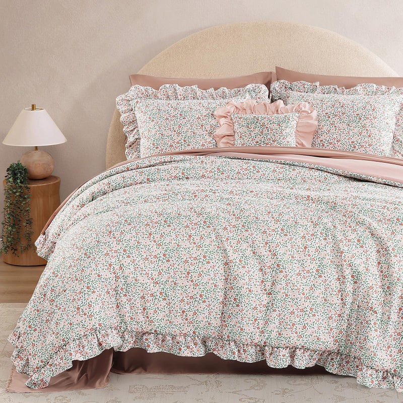 BLOOMHAVEN King Comforter Set - 7 Pieces Ruffle Pink Ditzy Bedding Sets, Shabby Chic Farmhouse Bed in a Bag King with Floral Comforter, Sheets, Pillowcases & Shams - Image 1