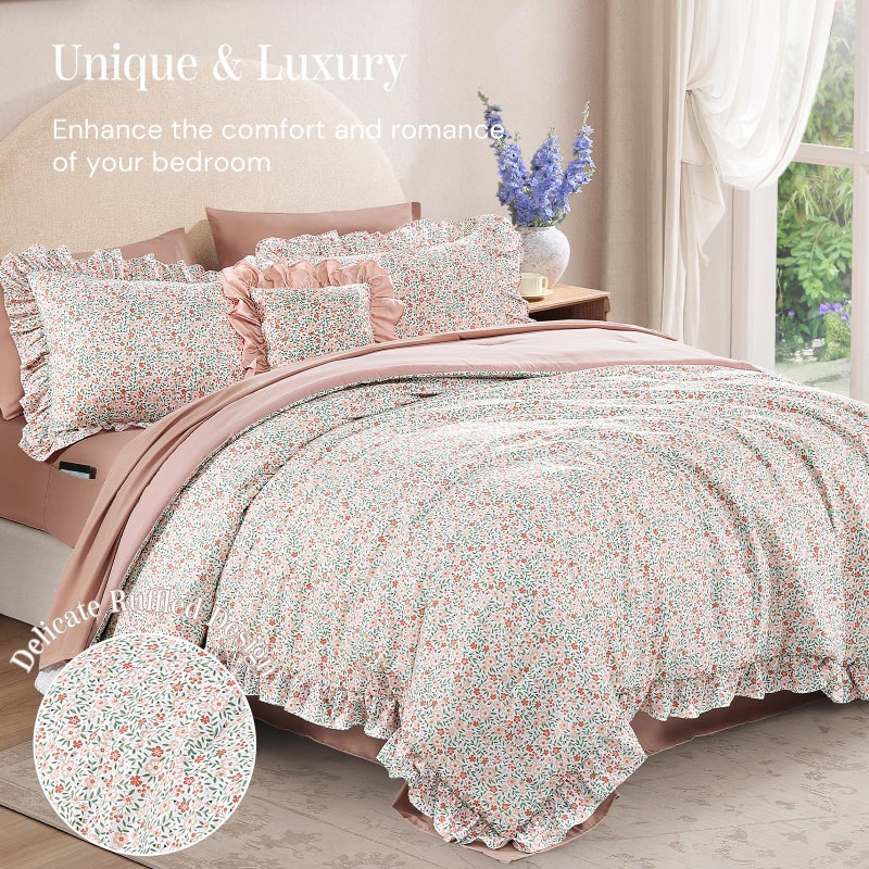 BLOOMHAVEN King Comforter Set - 7 Pieces Ruffle Pink Ditzy Bedding Sets, Shabby Chic Farmhouse Bed in a Bag King with Floral Comforter, Sheets, Pillowcases & Shams - Image 2