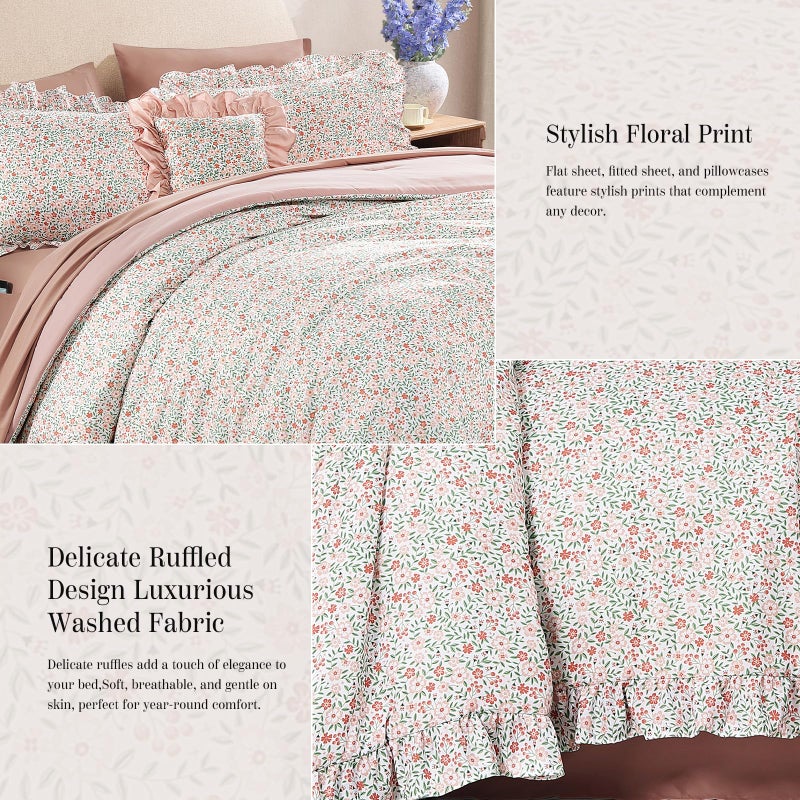 BLOOMHAVEN King Comforter Set - 7 Pieces Ruffle Pink Ditzy Bedding Sets, Shabby Chic Farmhouse Bed in a Bag King with Floral Comforter, Sheets, Pillowcases & Shams - Image 4