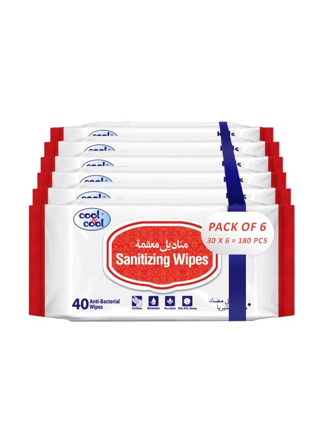 Cool & Cool Sanitizing Wipes - 40'S (Pack Of 6) - Antibacterial Skin Wipes With Vitamin E,Kills 99.9% Germs,Convenient For Use,Aloe Vera Gel & Herb Extract,Moisturizing And Nourishing - Image 1