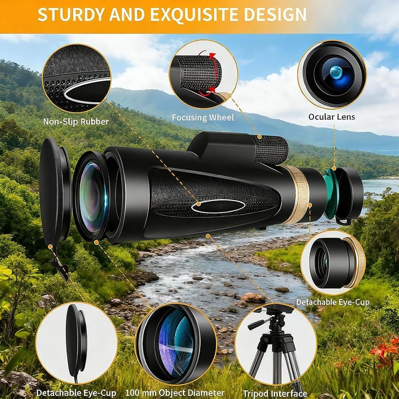 Spnor Monocular Telescope 80x100 HD Monoculars for Adults with Tripod & Phone Adapter, Monoculars for Bird Watching Stargazing Camping Hiking Hunting Wildlife Travel-Black - Image 2