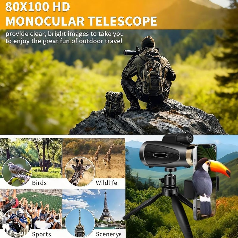 Spnor Monocular Telescope 80x100 HD Monoculars for Adults with Tripod & Phone Adapter, Monoculars for Bird Watching Stargazing Camping Hiking Hunting Wildlife Travel-Black - Image 4