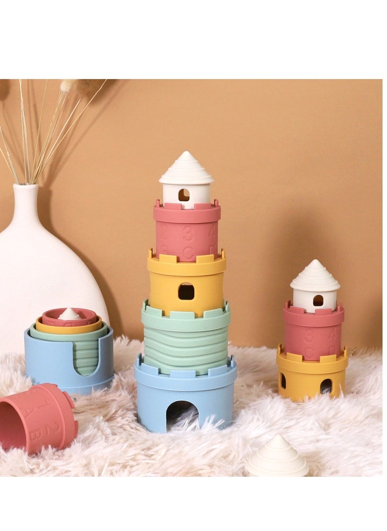 AIYISHI Stacking Cups Toys for Babies, Silicone Soft Teething Toy Nesting Cups Toys 5 Pcs Castle Learning Tower for Infants Over 6 Months Blocks for Toddlers Soft Bath Toy 1-3 Years  - Image 5
