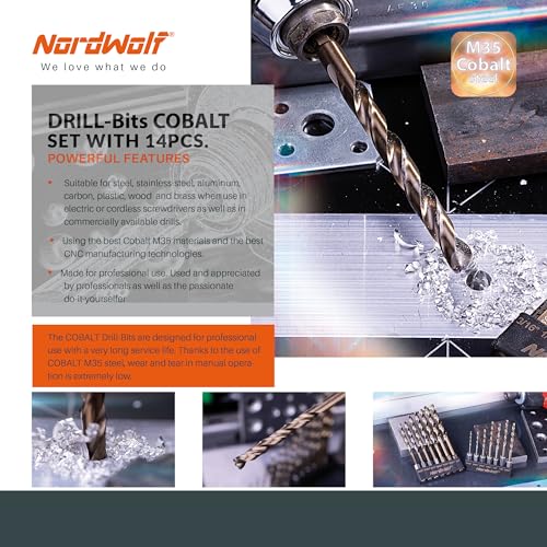 NordWolf 14-Piece M35 Cobalt Drill Bit Set for Stainless Steel, Hard Metals & Cast Iron, Jobber Length with 1/4" Hex Shank, SAE Sizes 1/16" to 1/4" - Image 5