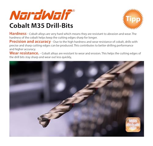 NordWolf 14-Piece M35 Cobalt Drill Bit Set for Stainless Steel, Hard Metals & Cast Iron, Jobber Length with 1/4" Hex Shank, SAE Sizes 1/16" to 1/4" - Image 3