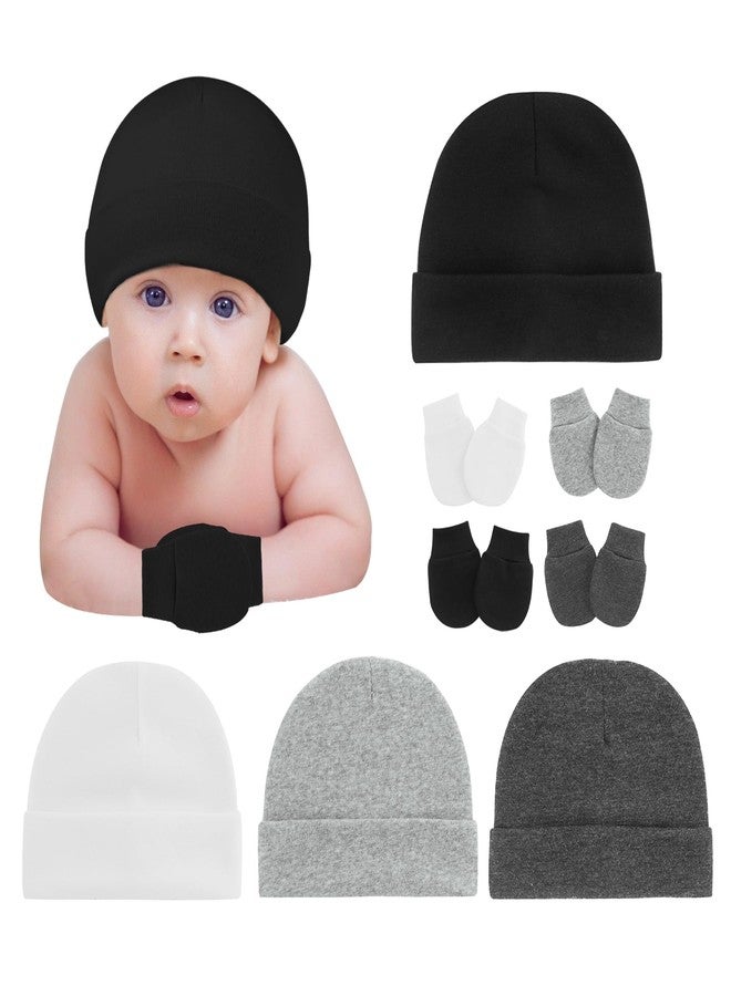 Zando Baby Hats and Mittens Newborn Hospital Hat for Boys Infant Cotton Beanie with Gloves Baby Boy Cap and Mitten Set Baby Hats 0-3 Months F Black & White & Gray & Black-Gray One Size - Image 1