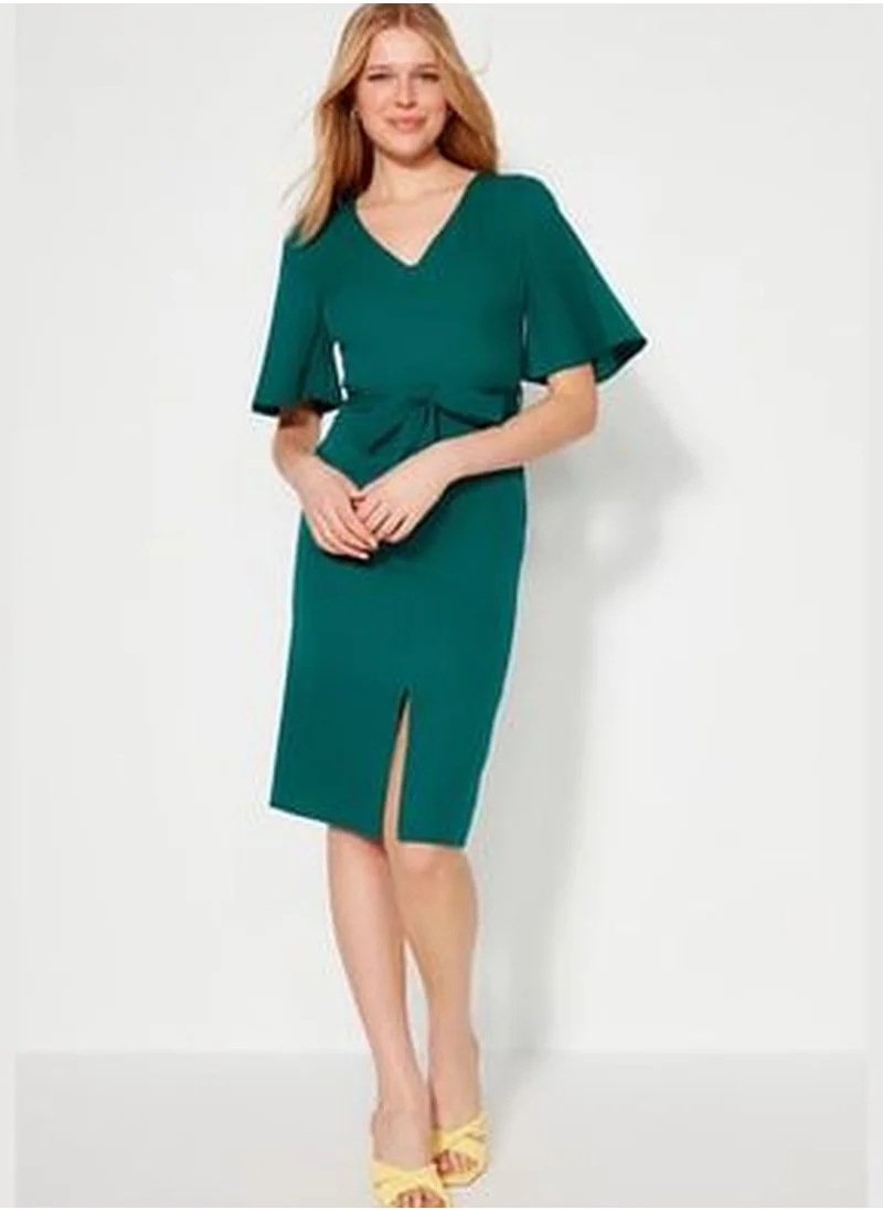 trendyol Emerald Green Belted Midi Fitted Woven Slit Dress TOFAW19BB0167