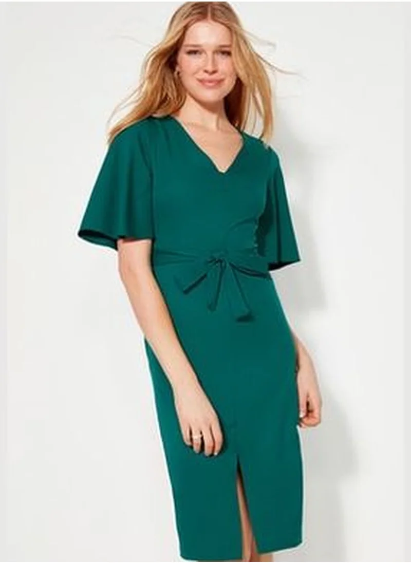 trendyol Emerald Green Belted Midi Fitted Woven Slit Dress TOFAW19BB0167