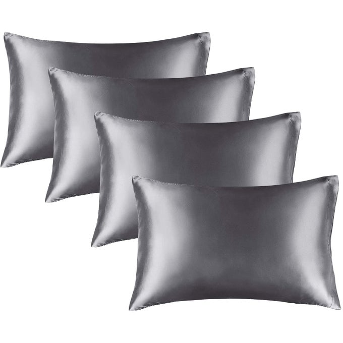 SATIN PILLOWCASE FOR HAIR AND SKIN SUPER SOFT SIMILAR TO SILK PILLOW CASES 4 PACK WITH ENVELOPE CLOSURE COOLING PILLOWCASES FOR WOMEN MEN 20X26 STANDARD SIZE DARK GREY