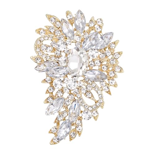 EVER FAITH Women's Bridal Corsage Rhinestone Crystal Wedding Flower Leaf Bouquet Brooch Clear Gold-Plated-Base - Image 1