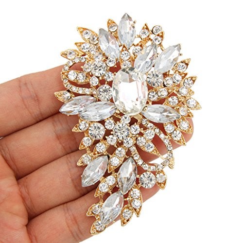EVER FAITH Women's Bridal Corsage Rhinestone Crystal Wedding Flower Leaf Bouquet Brooch Clear Gold-Plated-Base - Image 3