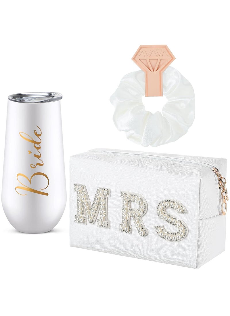 Karenhi - Karenhi 3 Pcs Wedding Bride Gift Set Include 6 oz Stainless Steel Wine Tumbler Bride Letter Cosmetic Toiletry Bag Silk Scrunchies Letter Patches Makeup Bag Hair Tie Wedding Gifts for Bride - Image 1