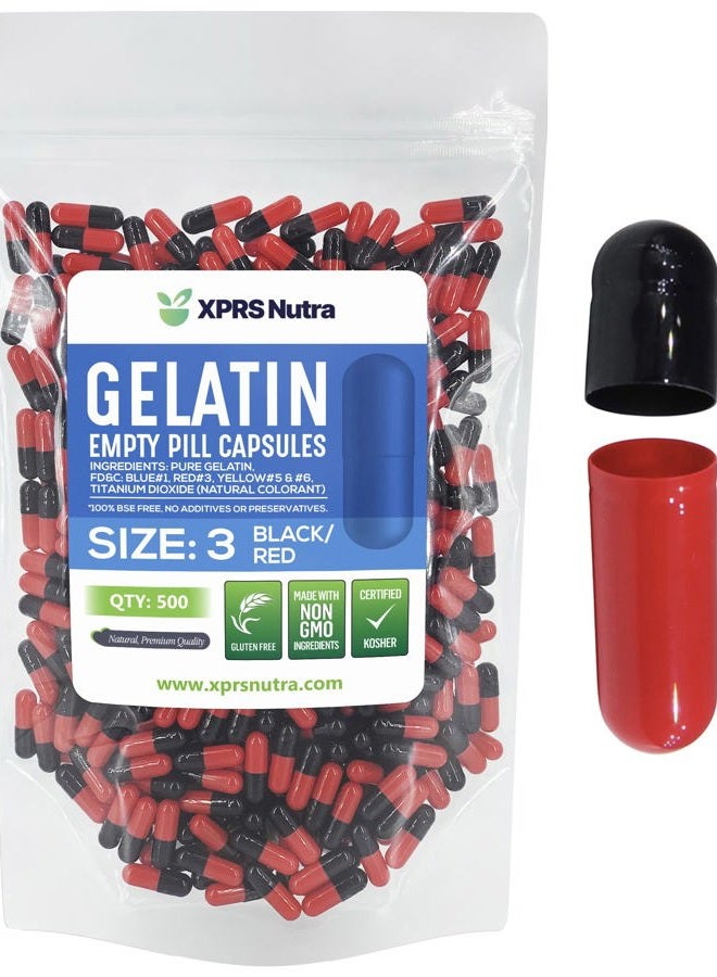 XPRS Nutra Size 3 Empty Capsules - 500 Count Empty Gelatin Capsules - Empty Pill Capsules - DIY Capsule Filling - Pure Bovine Pill Capsules Empty Gel Caps (Black/Red) - Image 1