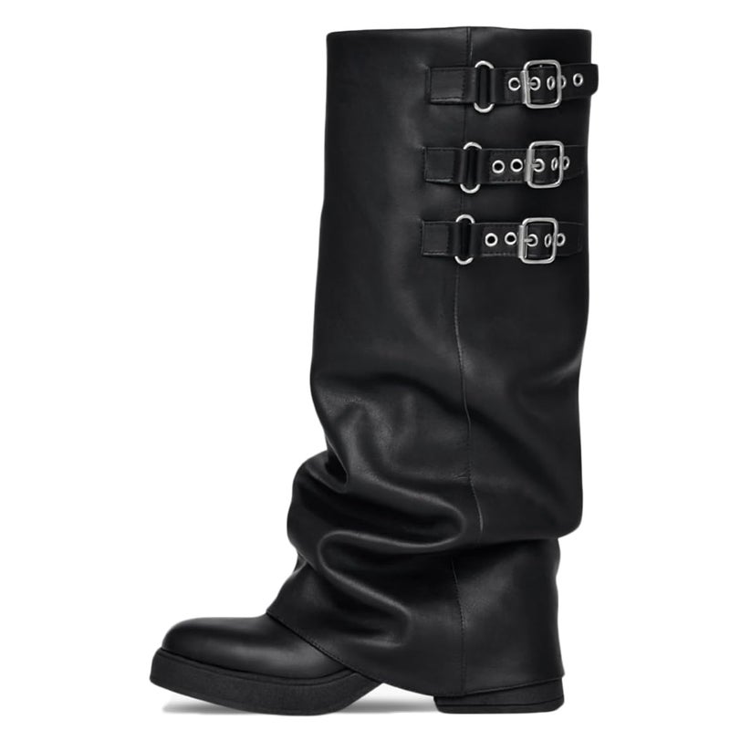 EQAUDES Low Heel Fold Over Knee High Slouch Boots for Women Fall Pull On Black Tall Boot Chunky Square Toe Trendy Buckle Motorcycle Shark Boots - Image 2