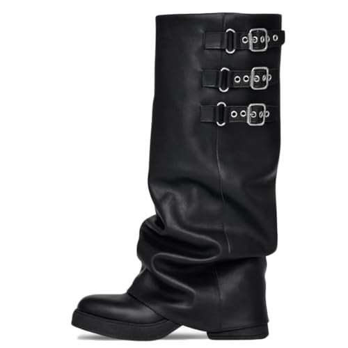 EQAUDES Low Heel Fold Over Knee High Slouch Boots for Women Fall Pull On Black Tall Boot Chunky Square Toe Trendy Buckle Motorcycle Shark Boots - Image 1