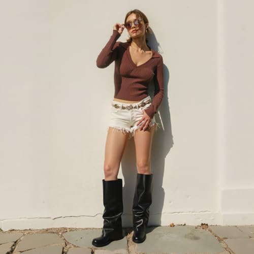 EQAUDES Low Heel Fold Over Knee High Slouch Boots for Women Fall Pull On Black Tall Boot Chunky Square Toe Trendy Buckle Motorcycle Shark Boots - Image 3