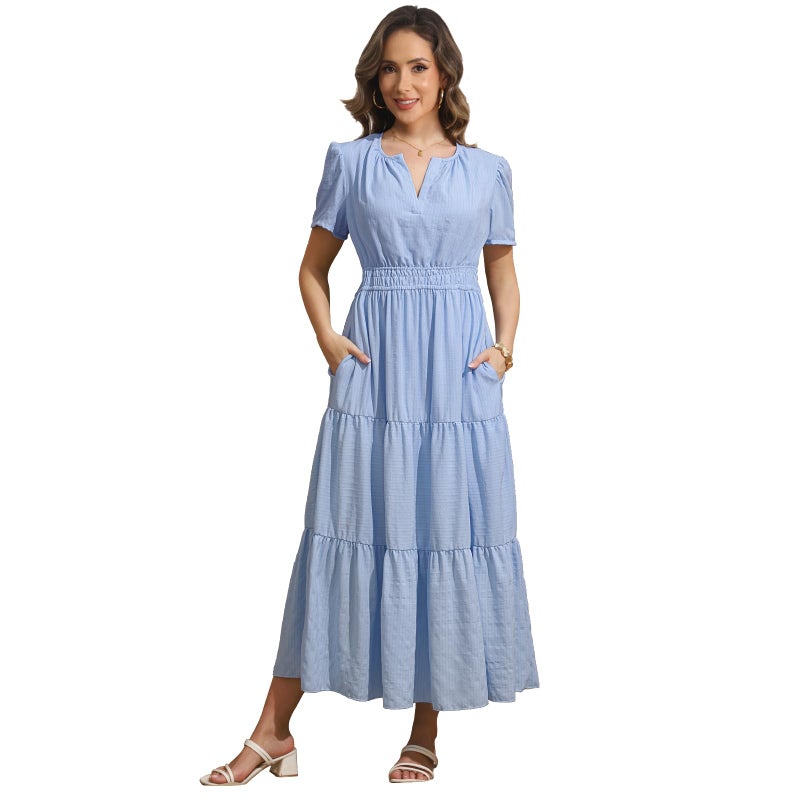 Rainday Womens Casual Maxi Dresses Fashion Holiday Short Sleeved Elastic Waist Beach Boho Dress with Pockets(Z3918BU,L) - Image 3