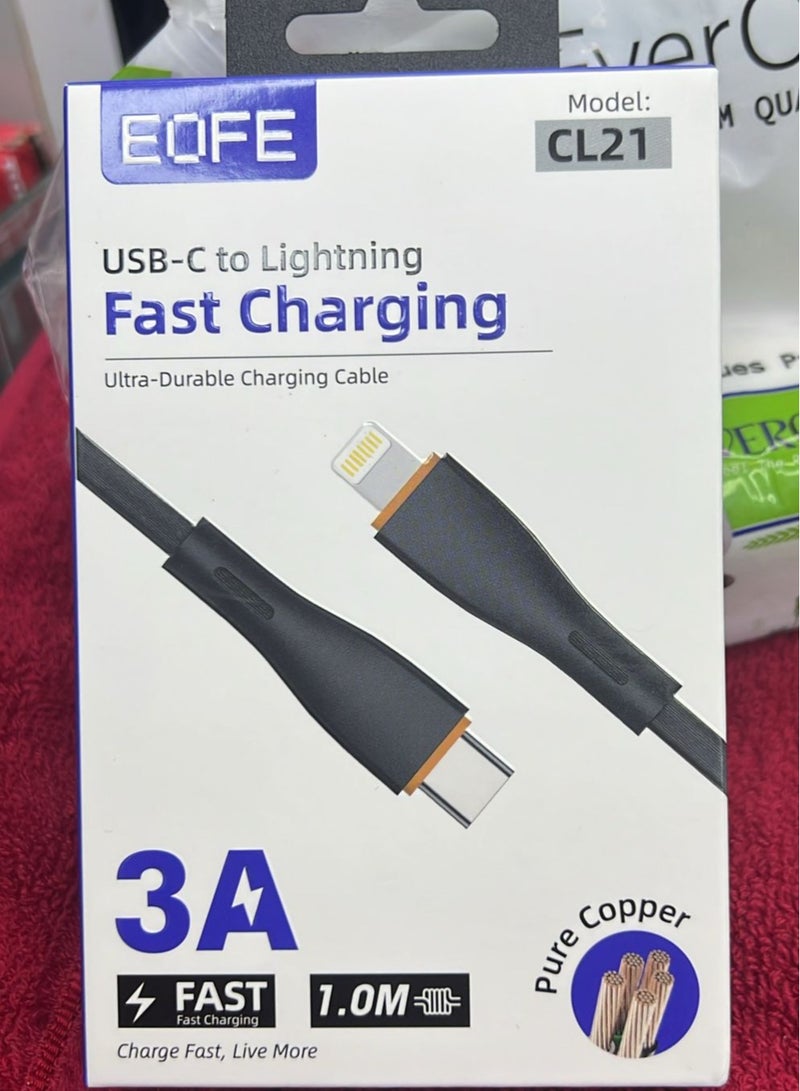 كابل شحن سريع يو اس بي-سي إلى لايتنينج / 3 أمبير / 1 متر / متين للغاية / نحاس نقي