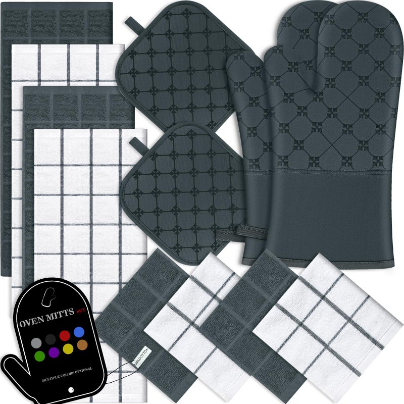 BSKSSK Oven Mitts Kitchen Towels Dishcloths with Pot Holders Sets 12PCS,Dish Towels Sets,Oven Gloves Pot Pads Heat Resistant 500 Degrees with Non-Slip Silicone Surface for Cooking Baking Grilling-Deep Green - Image 1