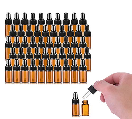 50 Pack 3ml Amber Glass Dropper Vial for Essential Oils Empty Eye Dropper Bottle With Black Screw Cap Liquid Pipette Travel Test Sample Perfume Vial Transfer Pipette Included