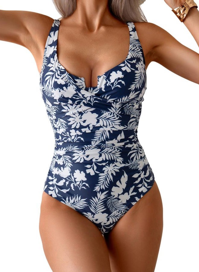 B2prity Women's Underwire One Piece Swimsuit Tummy Control Ruched Bathing Suit Criss Cross V Neck Swimwear, Blue Print, L - Image 1