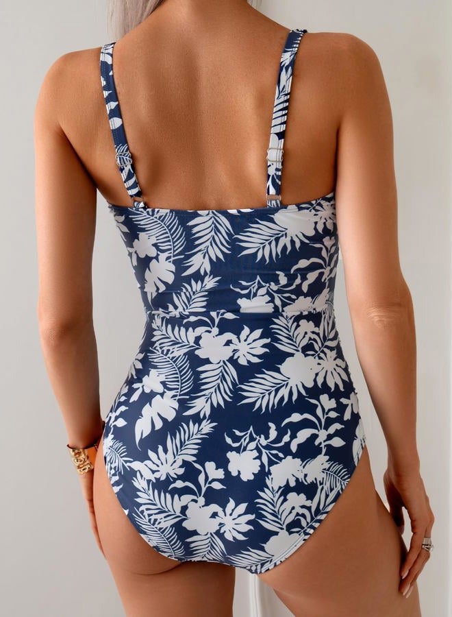 B2prity Women's Underwire One Piece Swimsuit Tummy Control Ruched Bathing Suit Criss Cross V Neck Swimwear, Blue Print, L - Image 2