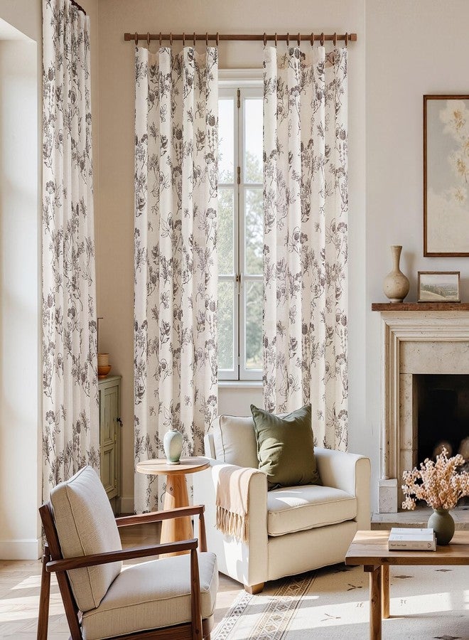 HOMEIDEAS Floral Linen Curtains, Brown Vanilla Printed Pattern Drapes, Farmhouse Vintage Light Filtering Privacy Semi Sheer Window Curtains for Living Room Bedroom, 2 Panels, 52×84 Inches - Image 2