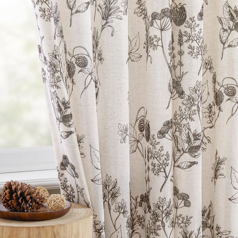 HOMEIDEAS Floral Linen Curtains, Brown Vanilla Printed Pattern Drapes, Farmhouse Vintage Light Filtering Privacy Semi Sheer Window Curtains for Living Room Bedroom, 2 Panels, 52×84 Inches - Image 1