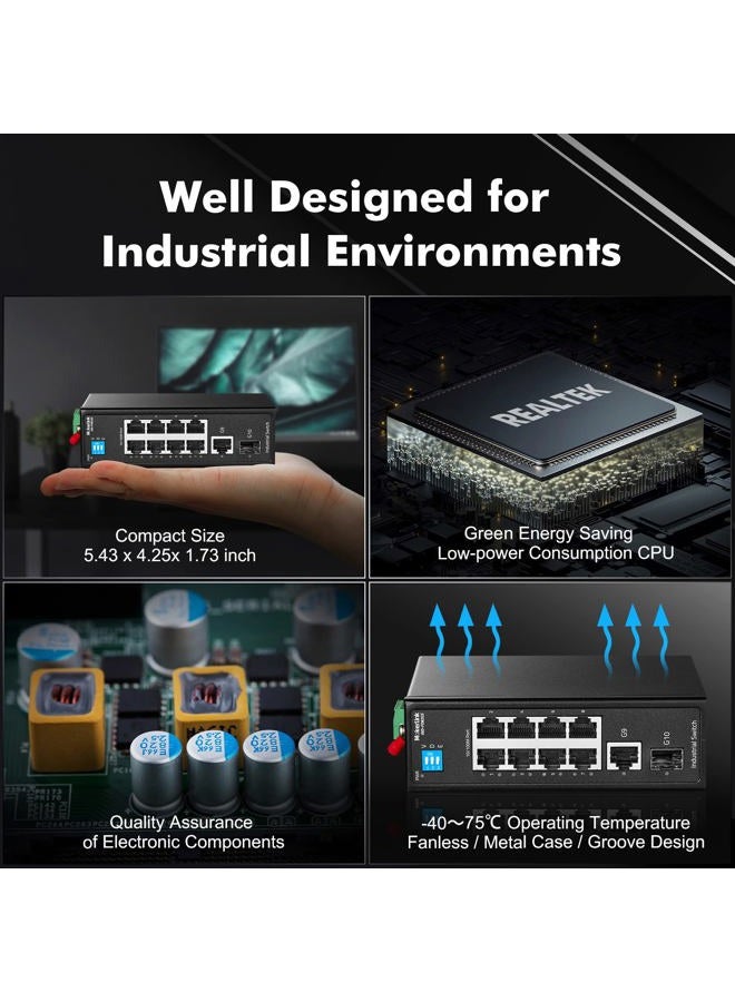 MokerLink 10 Port Industrial Din Rail Switch, 8 Ports 100Mbps,1 Gigabit Ethernet and 1 SFP Uplink, DIN-Rail & Wall Mount - Image 5