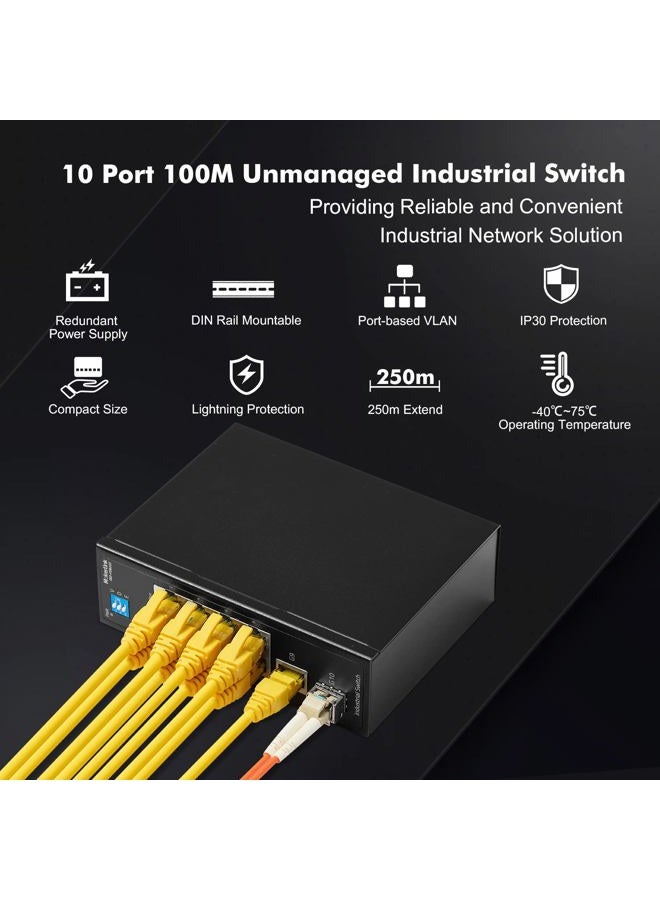 MokerLink 10 Port Industrial Din Rail Switch, 8 Ports 100Mbps,1 Gigabit Ethernet and 1 SFP Uplink, DIN-Rail & Wall Mount - Image 2