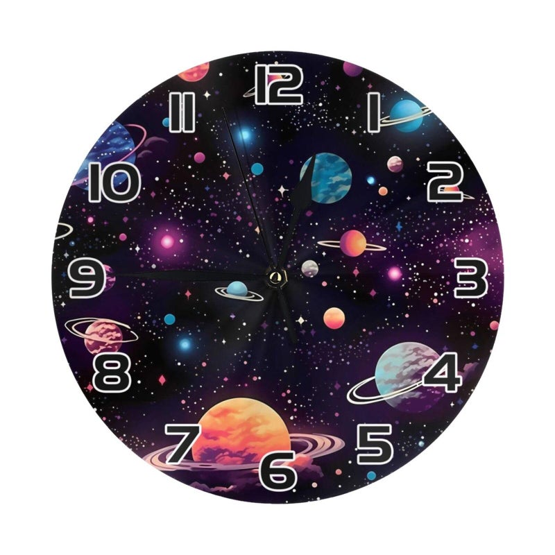 DXTKWL Wall Clock Colorful Space Solar System 10 inch Silent NonTicking Round Wall Clocks Battery Operated Quartz Analog Clock for Bedroom Bathroom Kitchen Kids Living Room Decor